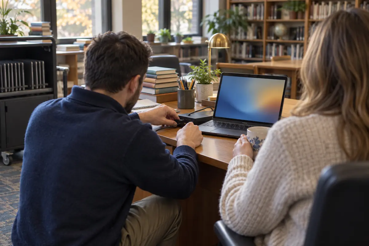 One person helps another with a laptop at a desk in a school room