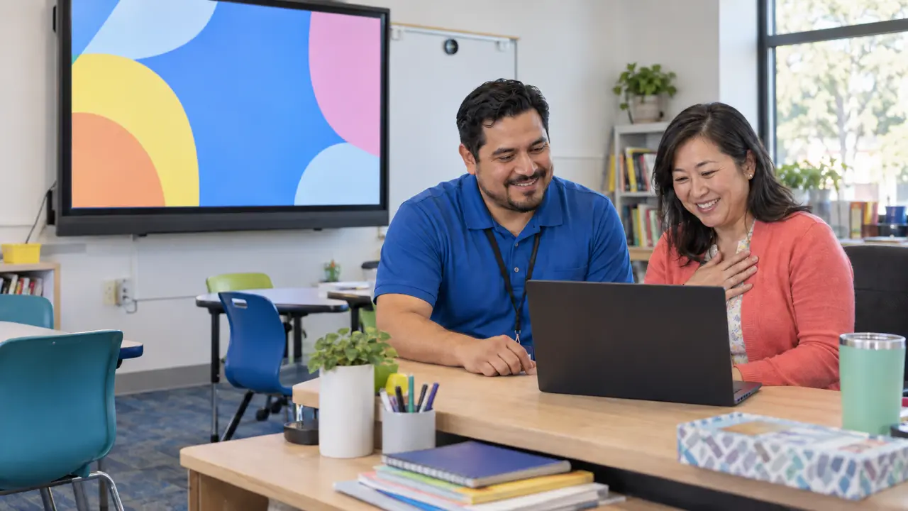 An IT specialist helps a smiling teacher with her laptop in a classroom with an interactive display