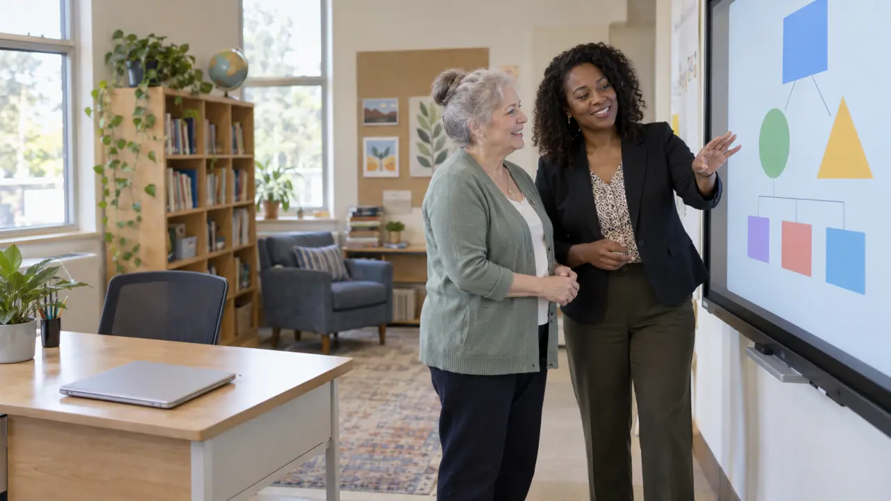 A technology coach and teacher work together at an interactive classroom display