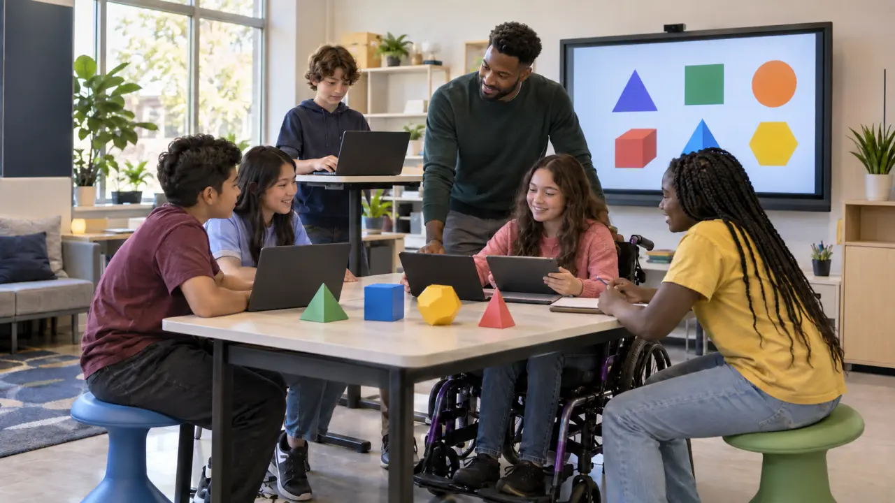 Students use laptops and tablets with a teacher, an accessible desk, wheelchair, wobble stools and a standing desk