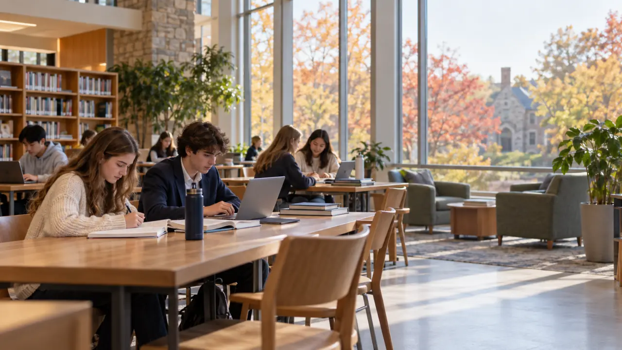 Students study in a bright school learning commons