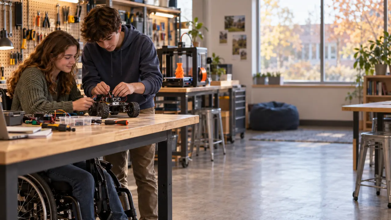 Two students build a robot in a school makerspace