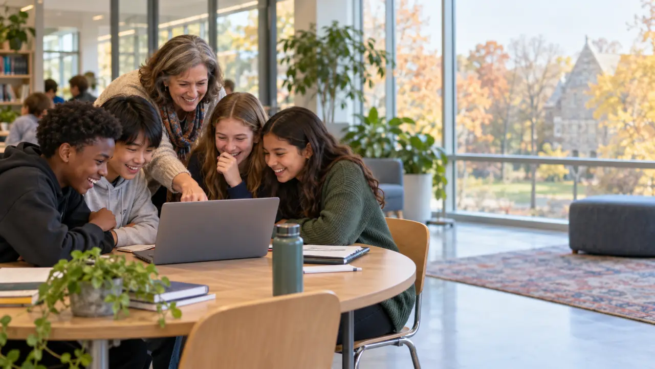 Middle school students and a teacher gather around a laptop