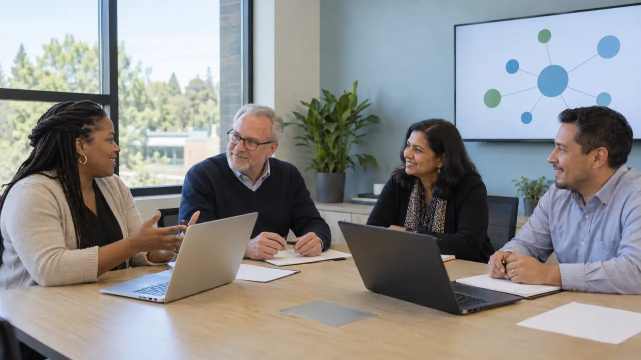 An IT director collaborates with school leaders around a conference table